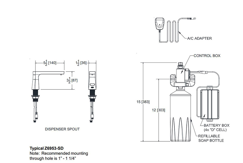 Measurements Diagram for Zurn Z6953-SD Touchless Faucet