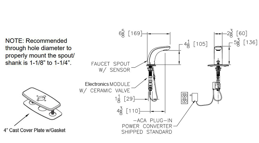 Measurements Diagram for Zurn Z6956-XL-CV-CP4-F Touchless Faucet