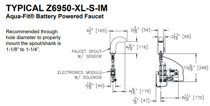 Measurements Diagram for Zurn Z6950-XL-IM-S-F Touchless Faucet