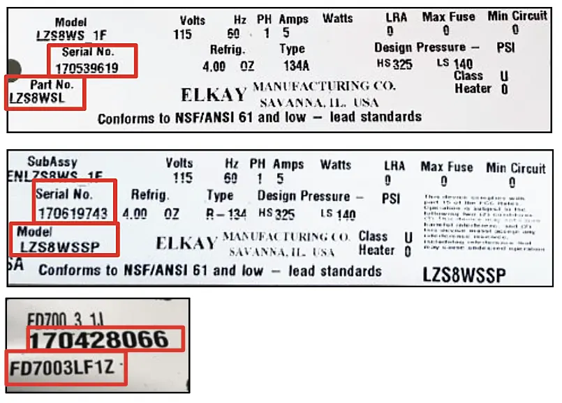 Elkay Data Tag with Serial Number, Part Number, and Model Number