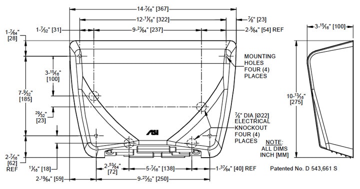 Diagram showing dimensions of ASI 10-0185-93