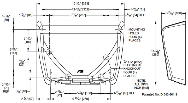 Diagram showing dimensions of ASI 10-0195