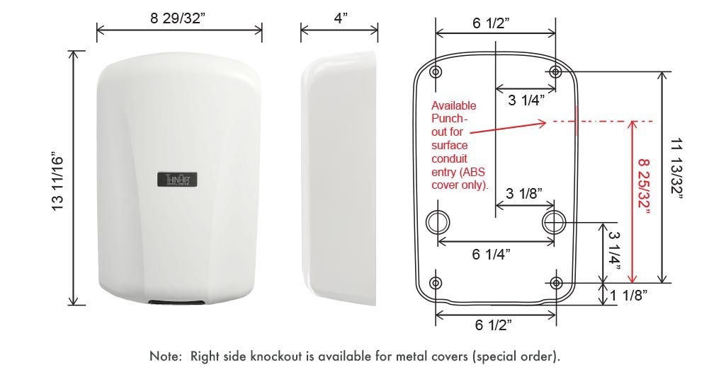 Measurement Diagram for TA-ABS (Excel ThinAir Hand Dryer)