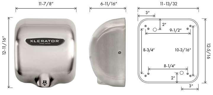 Measurement diagram for the XL-SB-ECO (Excel XLERATOR) hand dryer