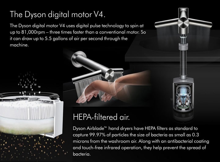 The Dyson Airblade WASH+DRY combination faucet and water tap allows you to wash and dry your hands without leaving the sink. The HEPA filter captures 99.97% of particles the size of bacteria as small as 0.3 microns. Antibacterial coating and touch-free infra-red operation.