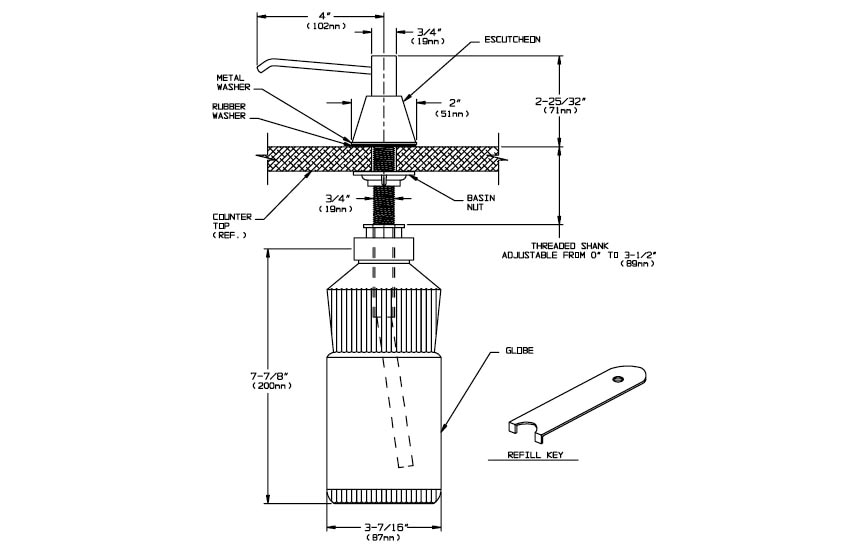 Measurement Diagram for ASI 10-0332 Soap Dispenser