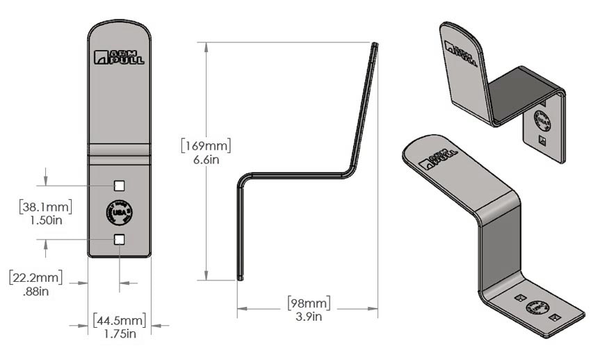 The ArmPull is about 7 inches tall, 1 and a three quarters inches wide and just under 4 inches deep.