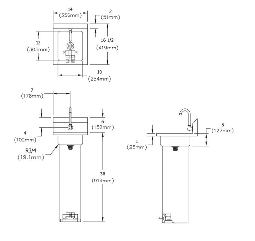 Measurements for Elkay EHS-14-PEDX Stainless Steel Hand Sink