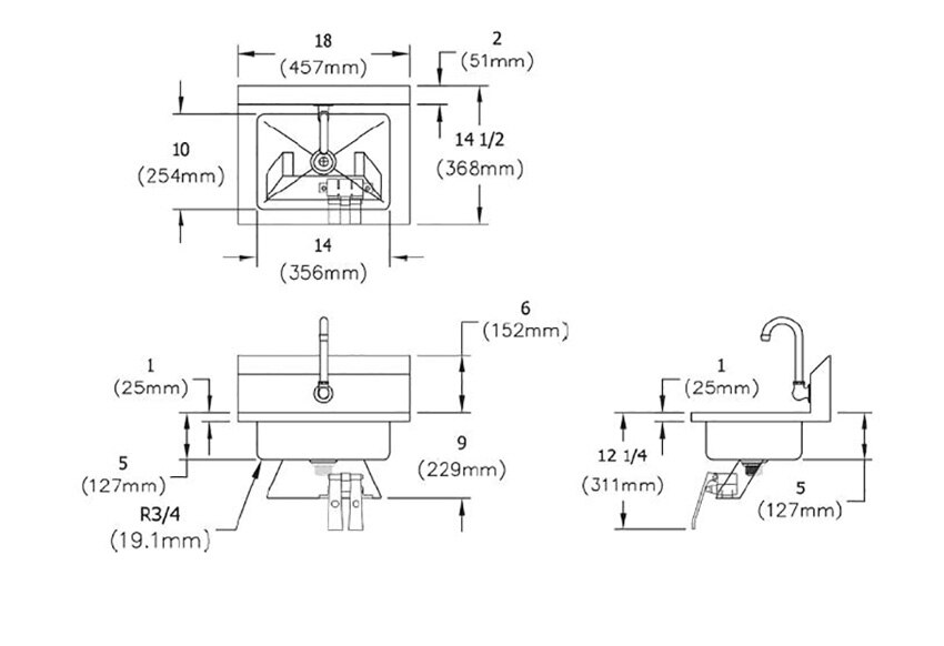 Measurements for Elkay EHS-18-KVX Stainless Steel Hand Sink