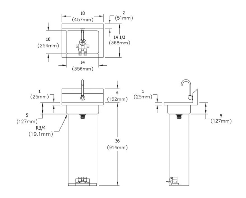 Measurements for Elkay EHS-18-PEDX Stainless Steel Hand Sink