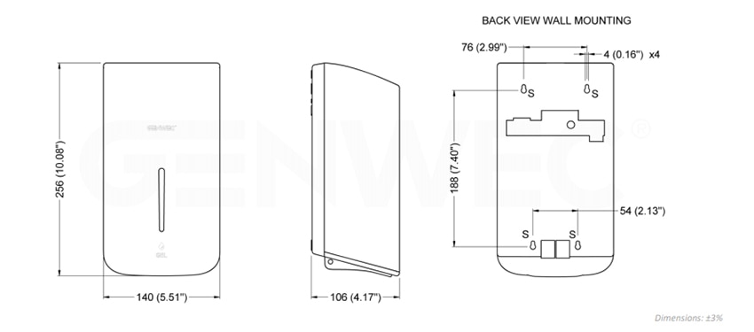 GW04-15-01-00 Dispenser is 5.5 inches wide x 10 inches tall x 4.1 inches deep