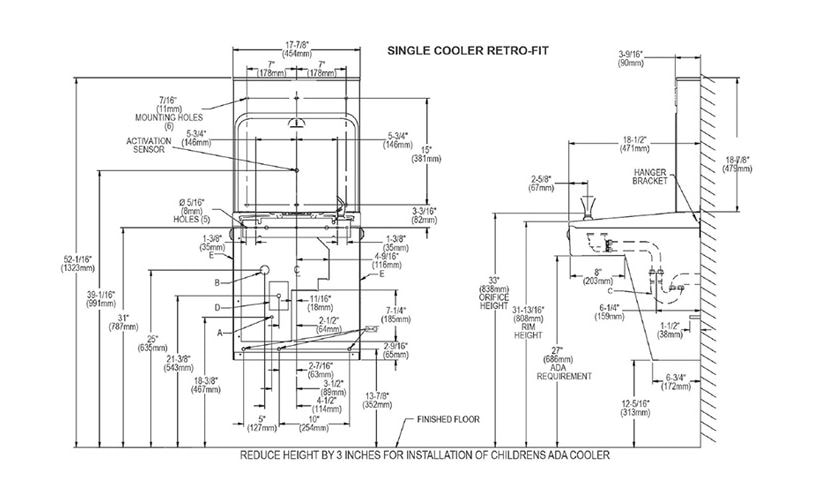 Measurements for Halsey Taylor HTHB-HAC-RF-NF HydroBoost Bottle Filling Station RetroFit Kit