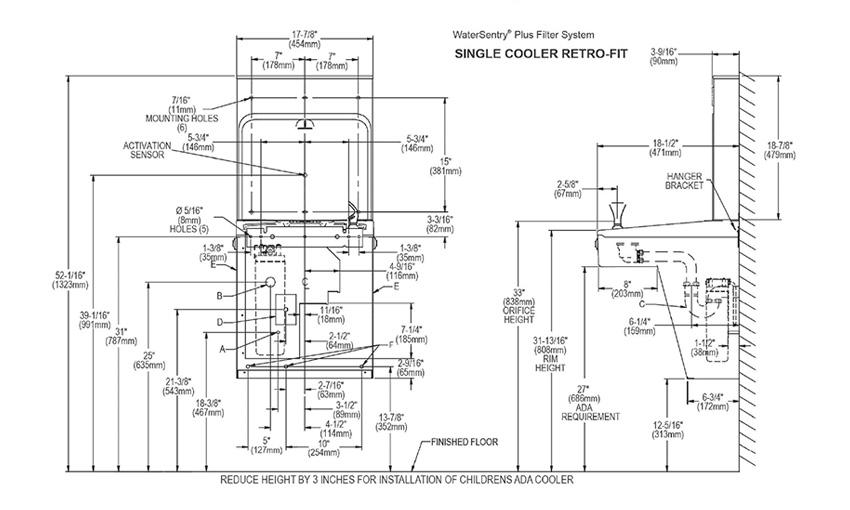 Measurements for Halsey Taylor HTHB-HAC-RF HydroBoost Bottle Filling Station RetroFit Kit