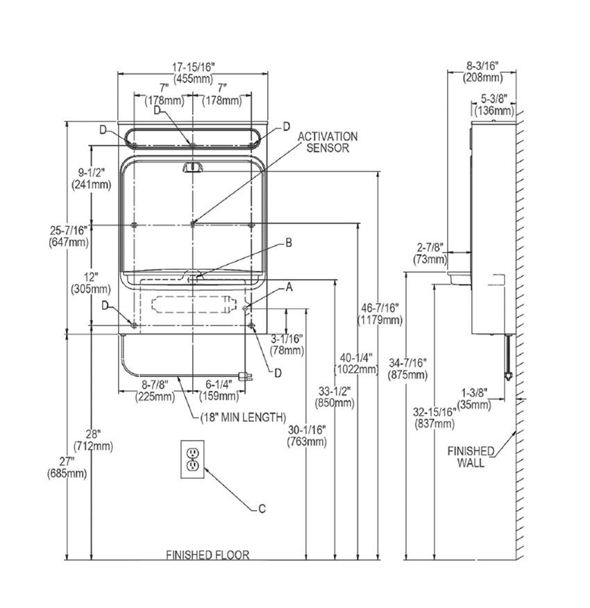 Measurements for Halsey Taylor HTHBSM-WF HydroBoost Bottle Filling