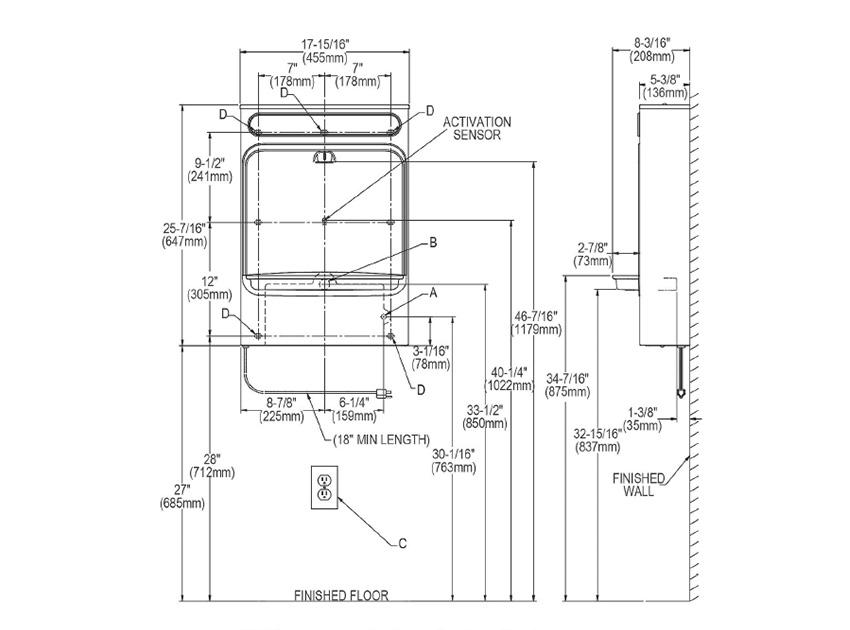 Measurements for Halsey Taylor HTHBSM HydroBoost Bottle Filling Station