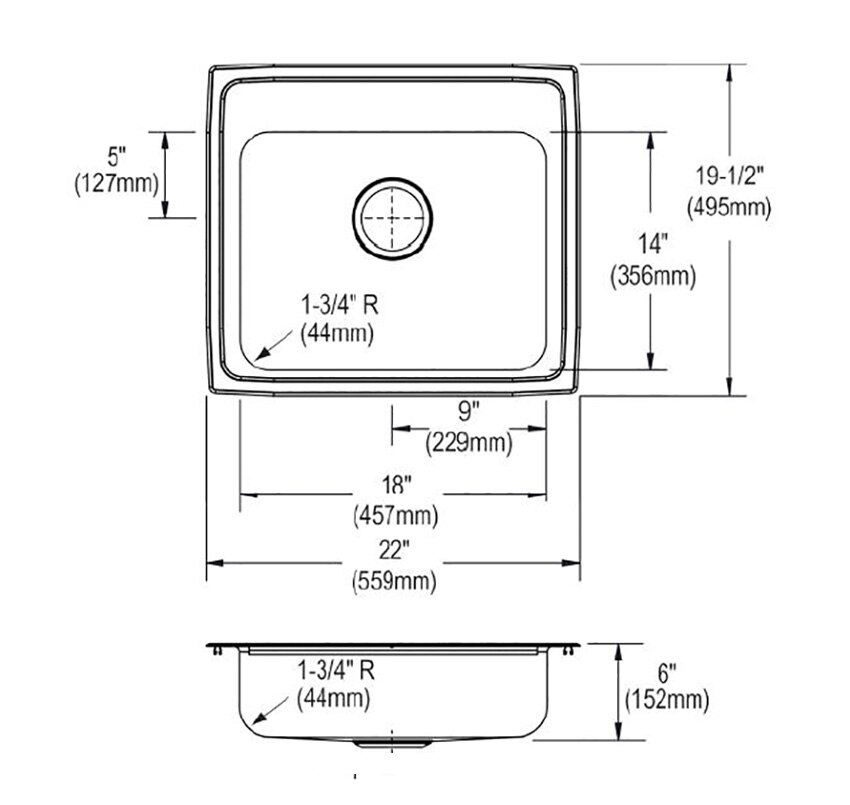 Measurements for Elkay LRAD2219603-CU Sink