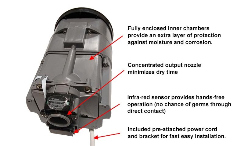 The ASI 10-0191 high speed hand dryer has a cord, washable coarse particulate filter, IR sensor, and quick-mount bracket.