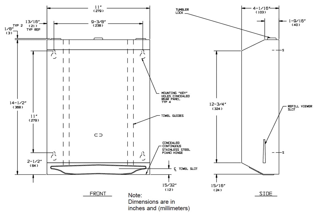 ASI - 0210-41 Surface Mounted Paper Towel Dispenser - Matte Black Measurement Diagram