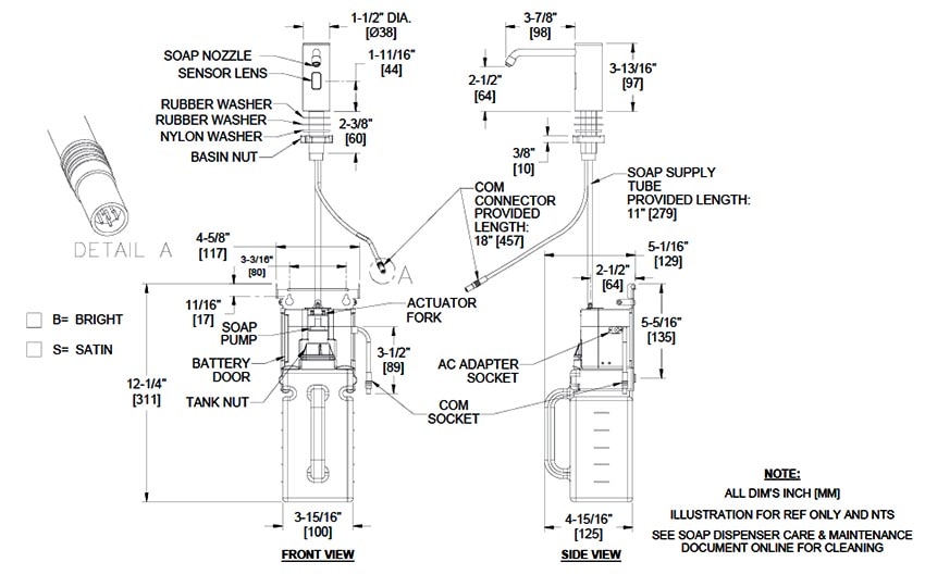 Diagram showing dimensions of ASI 10-0334 Soap Dispenser