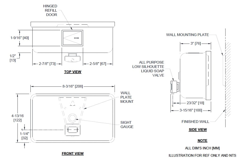 ASI - 0345-41 Matte Black, Push Button Soap Dispenser Measurement Diagram