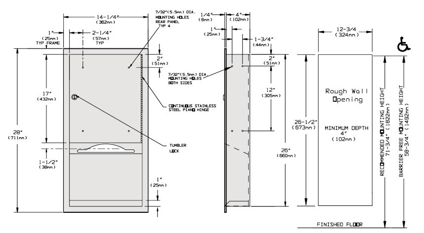 Measurement Diagram for ASI 10-0452 Paper Towel Dispenser