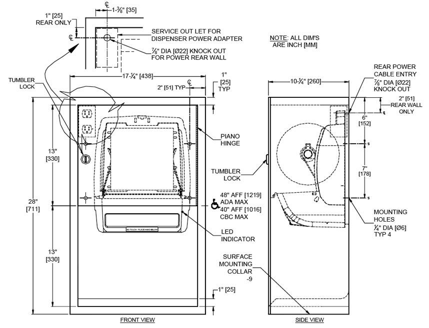 Measurement Diagram for ASI 10-045210AC-9 Paper Towel Dispenser