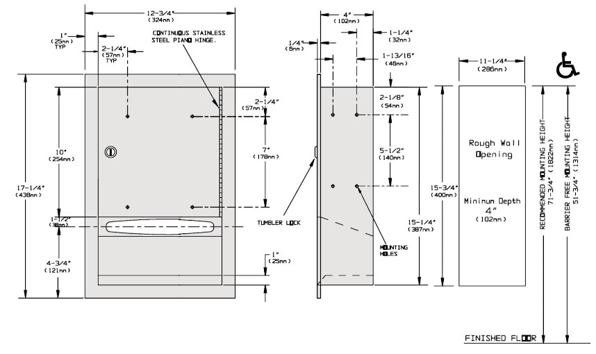 Measurement Diagram for ASI 10-0457 Paper Towel Dispenser