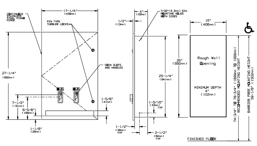 Measurement Diagram for ASI 10-04684-25 Sanitary Product Dispenser