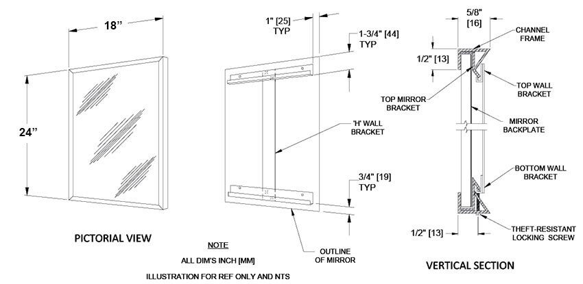 Measurement Diagram for ASI 10-0620-1824 Commercail Stainless Steel Frame Mirror