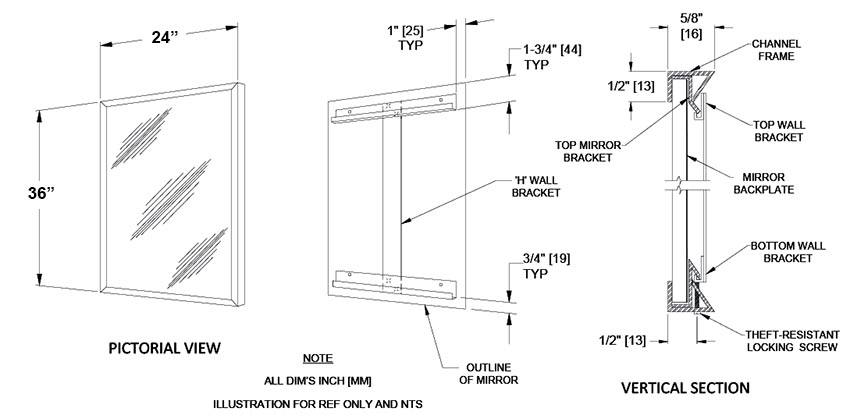 Measurement Diagram for ASI 10-0620-2436 Commercail Stainless Steel Frame Mirror