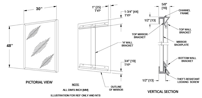 Measurement Diagram for ASI 10-0620-3048 Commercail Stainless Steel Frame Mirror