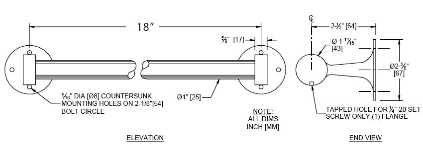 Measurement Diagram for ASI 10-0755-SS18 Towel Bar