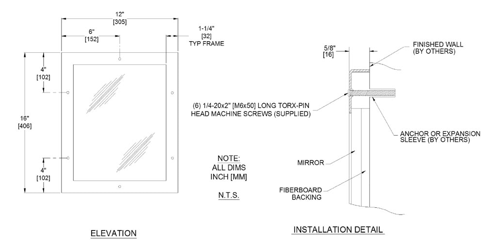 Measurement Diagram for ASI 10-105-14 Mirror Commercail Stainless Steel Frame Mirror