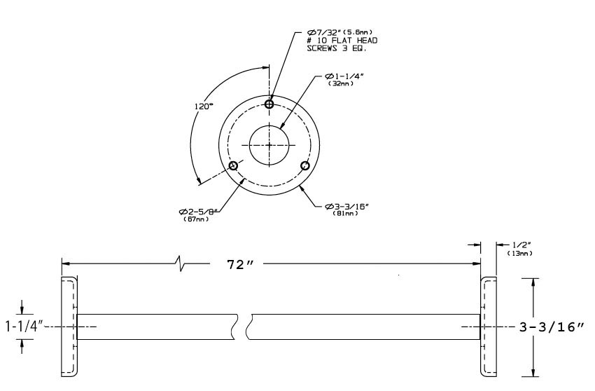Measurement Diagram for ASI 10-1204-72 Stainless Steel Shower Curtain Rod
