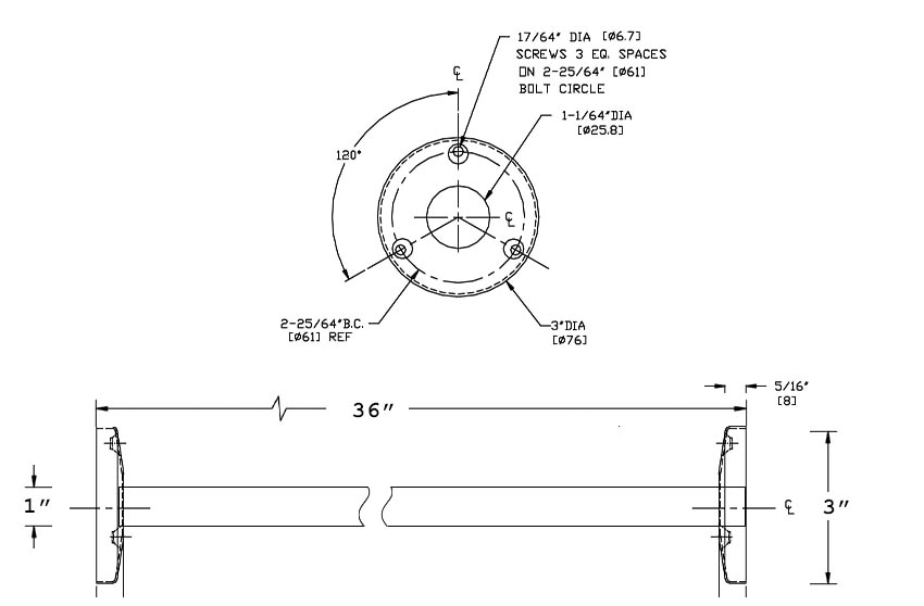 Measurement Diagram for ASI 10-1214-36 Stainless Steel Shower Curtain Rod