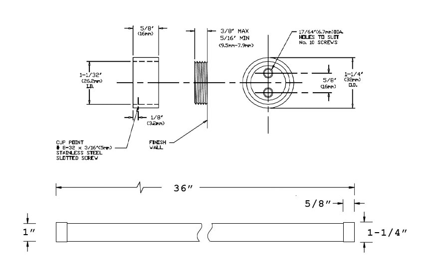 Measurement Diagram for ASI 10-1224-36 Stainless Steel Shower Curtain Rod