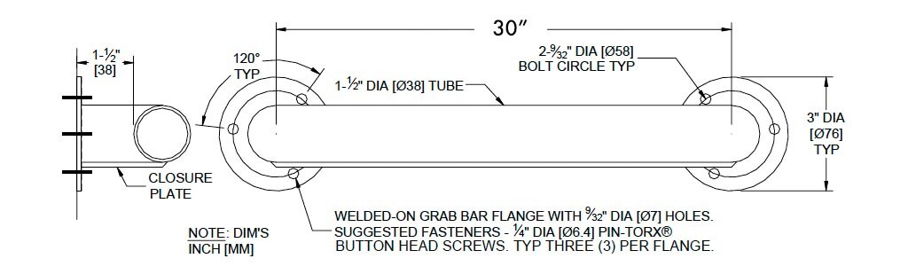 Measurement Diagram for ASI 10-162 Grab Bar