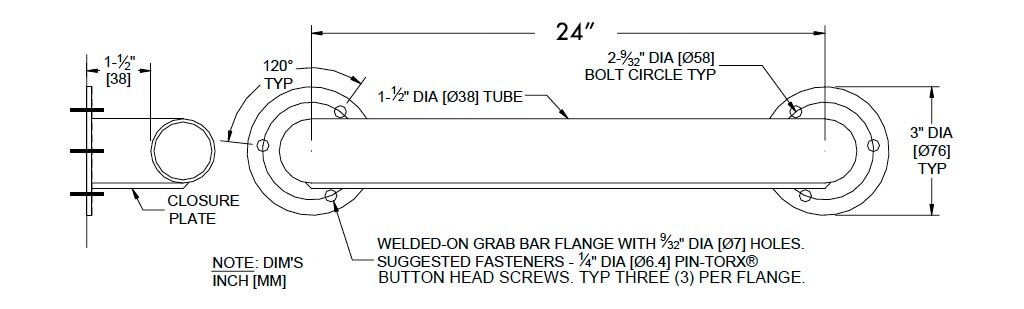 Measurement Diagram for ASI 10-165 Grab Bar