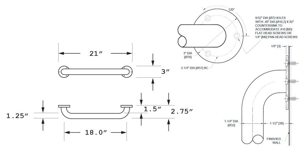 Measurement Diagram for ASI 10-3401-18 Grab Bar