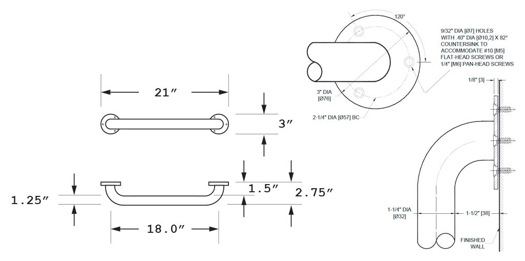 Measurement Diagram for ASI 10-3401-18P Grab Bar