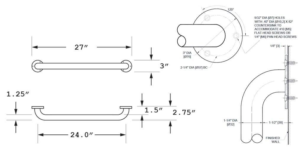 Measurement Diagram for ASI 10-3401-24P Grab Bar