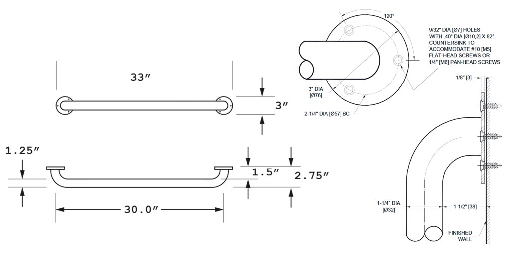 Measurement Diagram for ASI 10-3401-30P Grab Bar