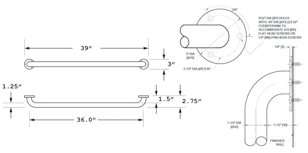 Measurement Diagram for ASI 10-3401-36 Grab Bar