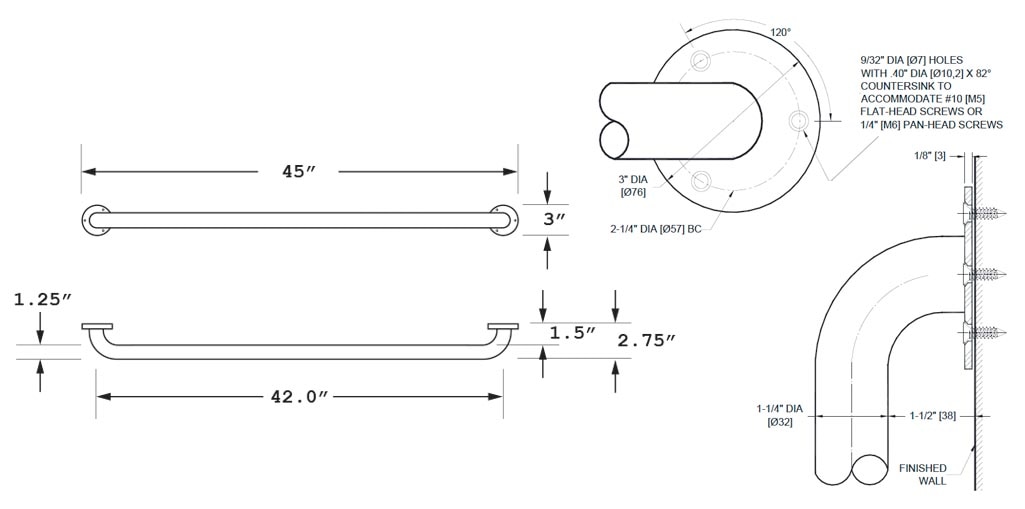 Measurement Diagram for ASI 10-3401-42P Grab Bar