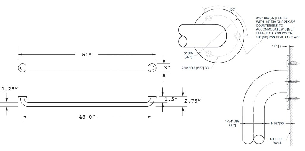 Measurement Diagram for ASI 10-3401-48 Grab Bar