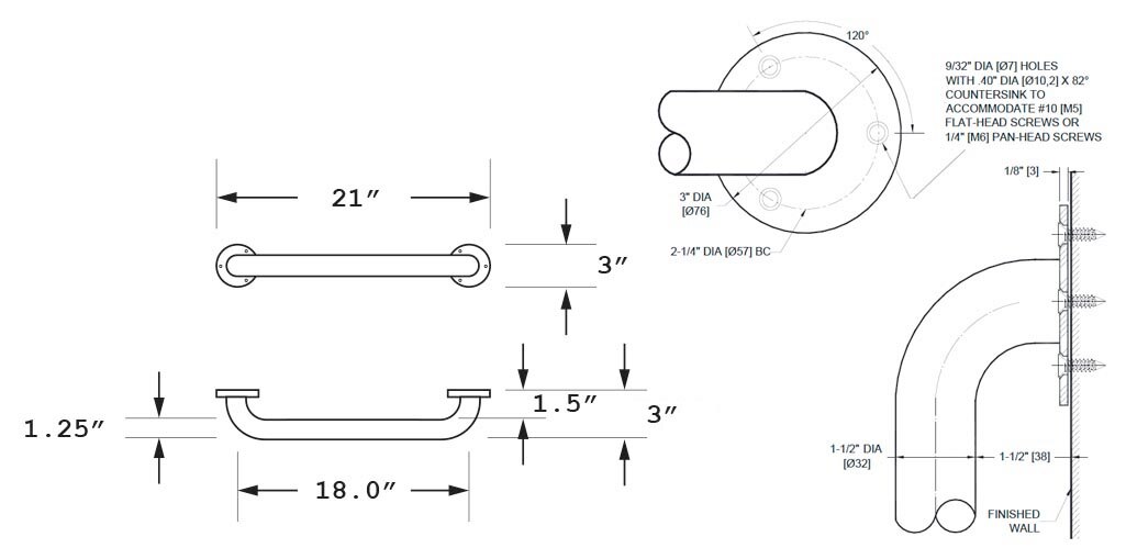 Measurement Diagram for ASI 10-3501-18P Grab Bar