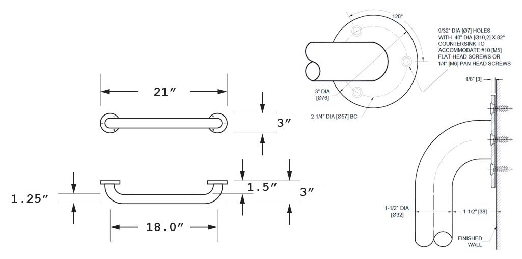 Measurement Diagram for ASI 10-3501-18P Grab Bar