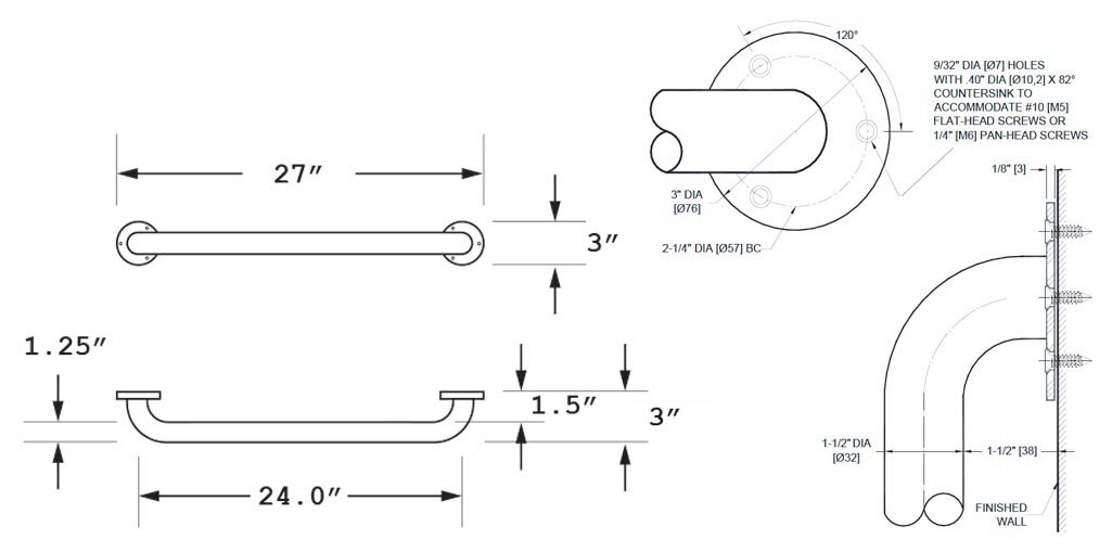 Measurement Diagram for ASI 10-3501-24P Grab Bar