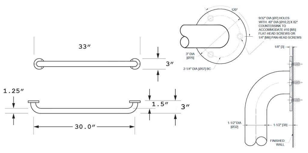 Measurement Diagram for ASI 10-3501-30 Grab Bar