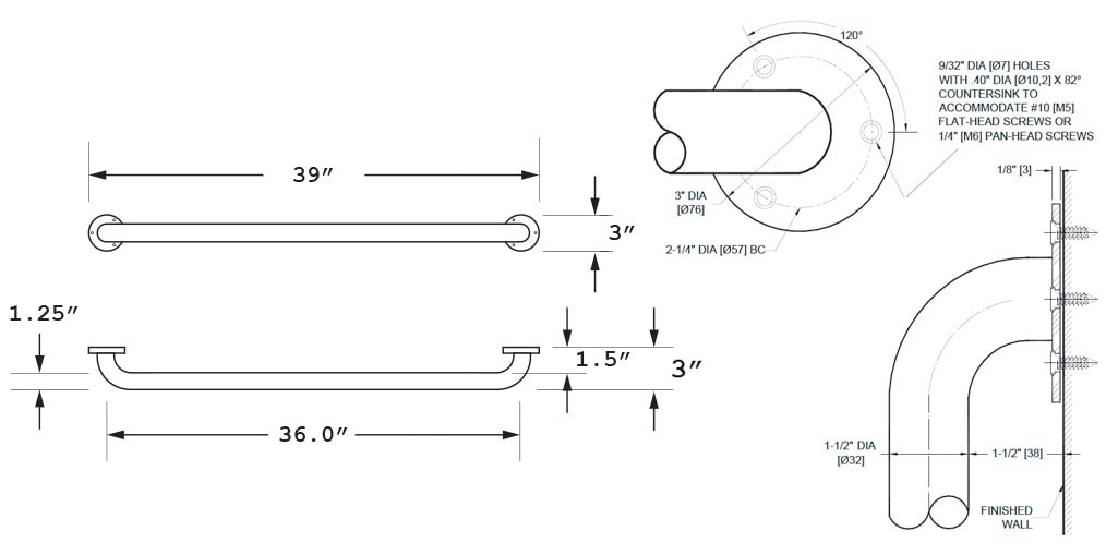 Measurement Diagram for ASI 10-3501-36 Grab Bar